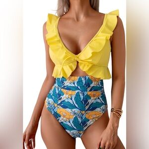 Yellow Floral Ruffle One-Piece Swimsuit